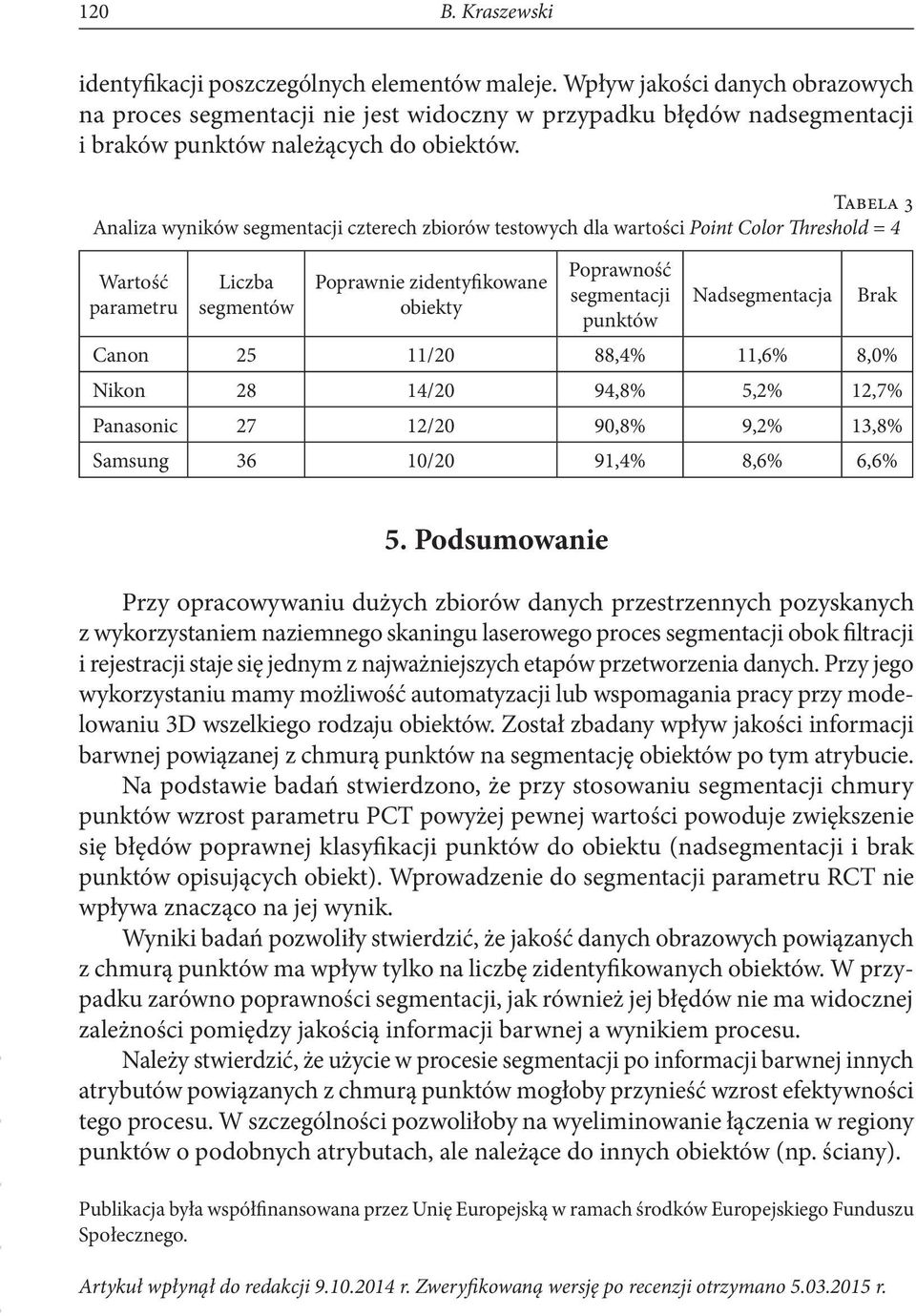 Tabela 3 Analiza wyników segmentacji czterech zbiorów testowych dla wartości Point Color Threshold = 4 Wartość parametru Liczba segmentów Poprawnie zidentyfikowane obiekty Poprawność segmentacji