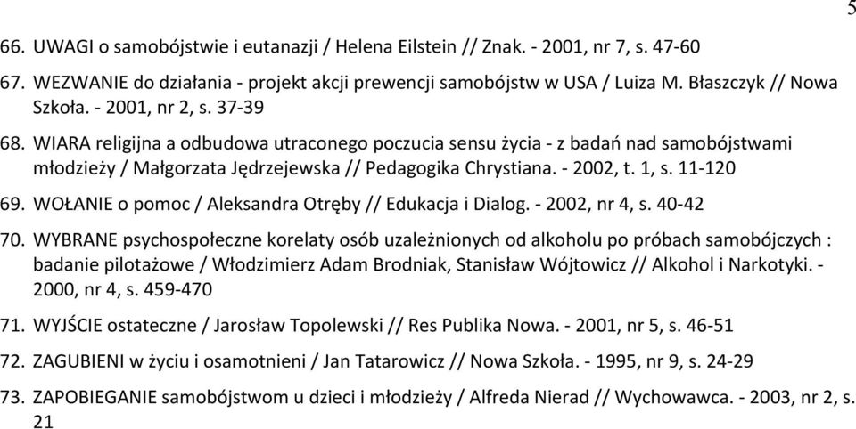 11-120 69. WOŁANIE o pomoc / Aleksandra Otrdby // Edukacja i Dialog. - 2002, nr 4, s. 40-42 70.