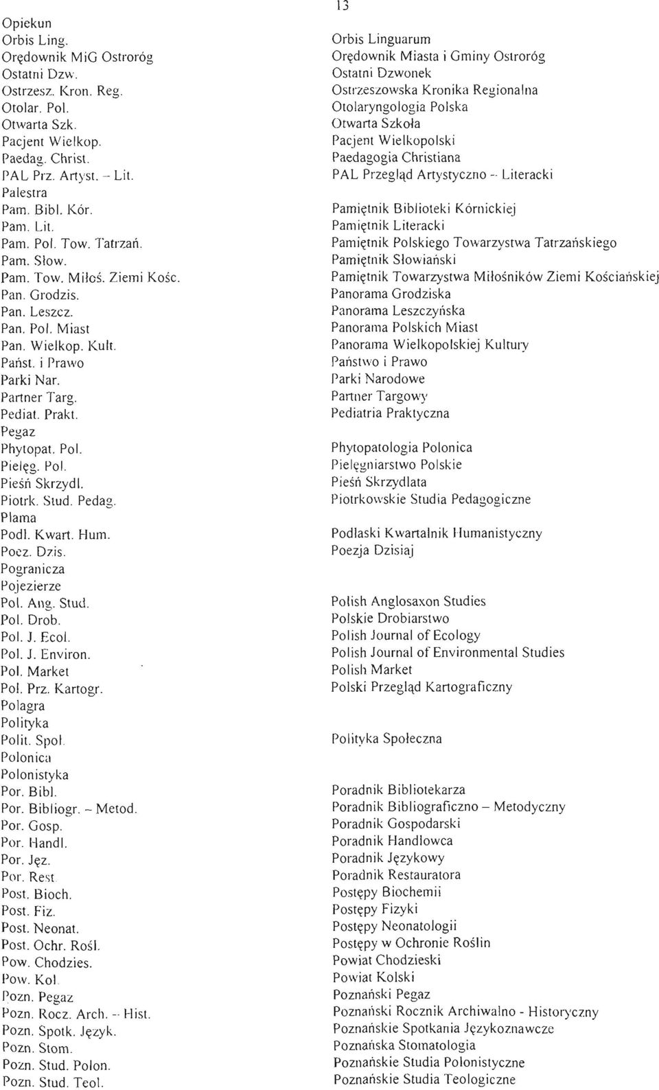Pol. Pieśń Skrzydl. Piotrk. Slud. Pedag. Plama Podl. Kwart. Hum. Pocz. Dzis Pogranicza Pojezierze Pol. Ang. Stud. Pol. Drob. Pol. 1. Ecol. Pol. 1. Environ. Pol. Market Pol. Prz. Kartogr.