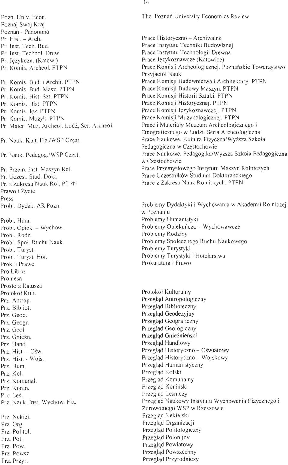 . PL Nauk. Pedagog./WSP Częs t. Pr. Przem. l nst. Maszyn RoI. Pr. Uczest. Stud. DokI. Pr. z Zakresu Nauk RoI. PTPN Prawo i Życie Press Probl. Dydak. AR Pozn. Probl. Hum. Probl. Opiek - Wychow. Probl. Rodz.