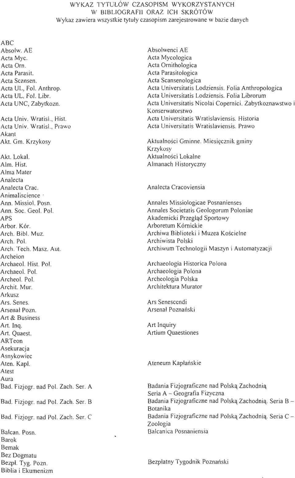 Animaliscience. Ann. Missiol. Posn. Ann. Soc. Geol. Pol. APS Arbor. Kór. Arch. Bibl. Muz. Arch. Pol. Arch. Tech. Masz. Aut. Archeion Archaeol. Hist. Pol. Archaeol. Pol. Archeol. Pol. Archit. Mur.