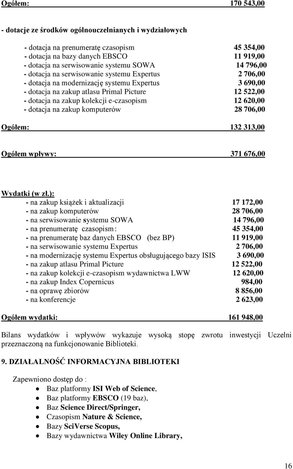 e-czasopism 12 620,00 - dotacja na zakup komputerów 28 706,00 Ogółem: 132 313,00 Ogółem wpływy: 371 676,00 Wydatki (w zł.