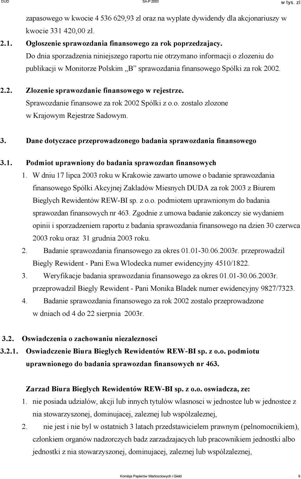 02. 2.2. Zlozenie sprawozdanie finansowego w rejestrze. Sprawozdanie finansowe za rok 2002 Spólki z o.o. zostalo zlozone w Krajowym Rejestrze Sadowym. 3.