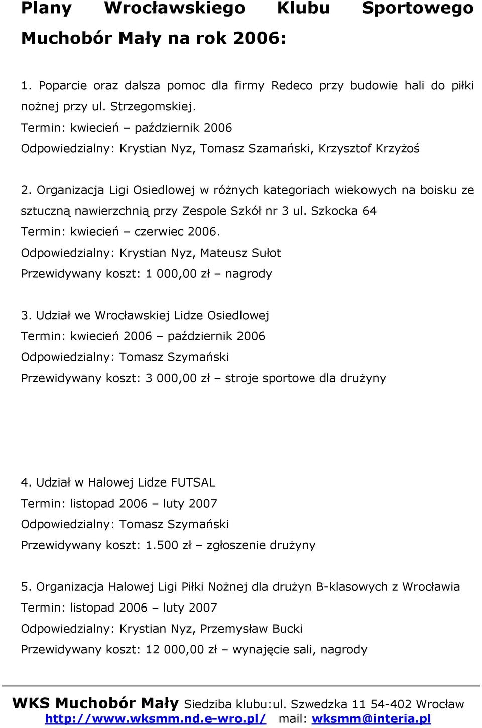 Organizacja Ligi Osiedlowej w róŝnych kategoriach wiekowych na boisku ze sztuczną nawierzchnią przy Zespole Szkół nr 3 ul. Szkocka 64 Termin: kwiecień czerwiec 2006.