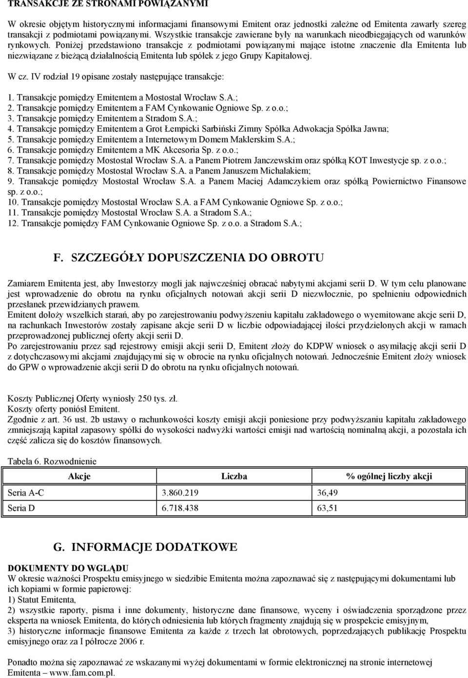 PoniŜej przedstawiono transakcje z podmiotami powiązanymi mające istotne znaczenie dla Emitenta lub niezwiązane z bieŝącą działalnością Emitenta lub spółek z jego Grupy Kapitałowej. W cz.