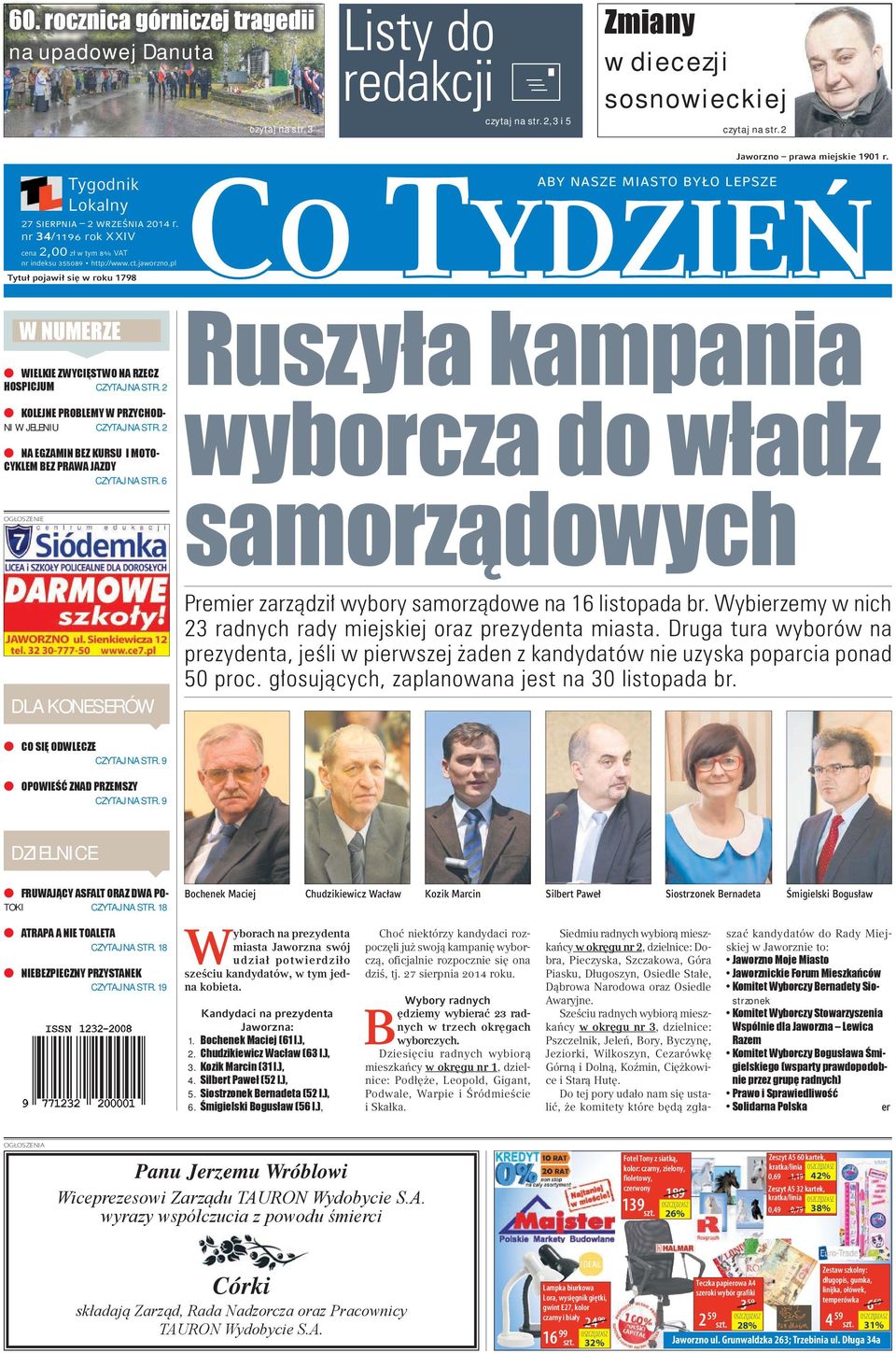 plco TYDZIEŃ Tytuł pojawił się w roku 1798 e CZYTAJ NA STR. 2 e NI W JELENIU CZYTAJ NA STR. 2 e CZYTAJ NA STR. 6 OGŁOSZENIE DLA KONESERÓW Premier zarządził wybory samorządowe na 16 listopada br.