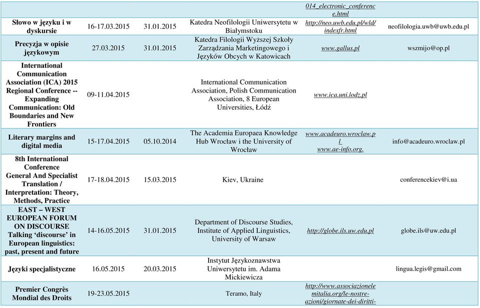 European linguistics: past, present and future 16-17.03.2015 31.01.2015 27.03.2015 31.01.2015 09-11.04.2015 15-17.04.2015 05.10.