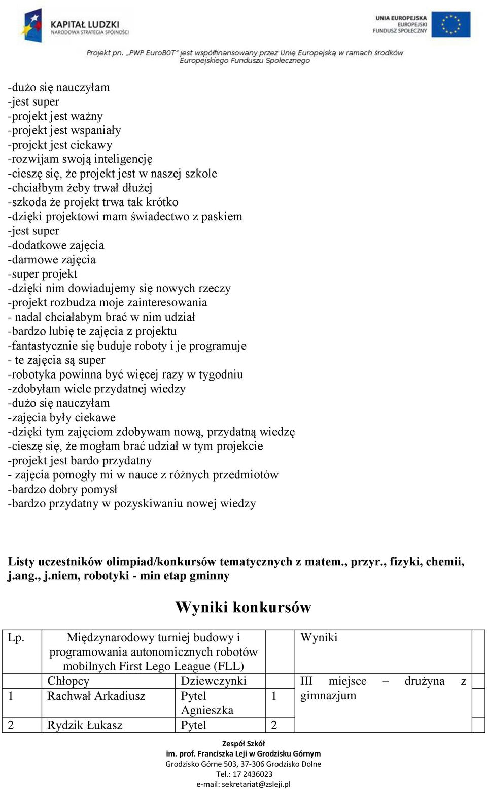 rozbudza moje zainteresowania - nadal chciałabym brać w nim udział -bardzo lubię te zajęcia z projektu -fantastycznie się buduje roboty i je programuje - te zajęcia są super -robotyka powinna być