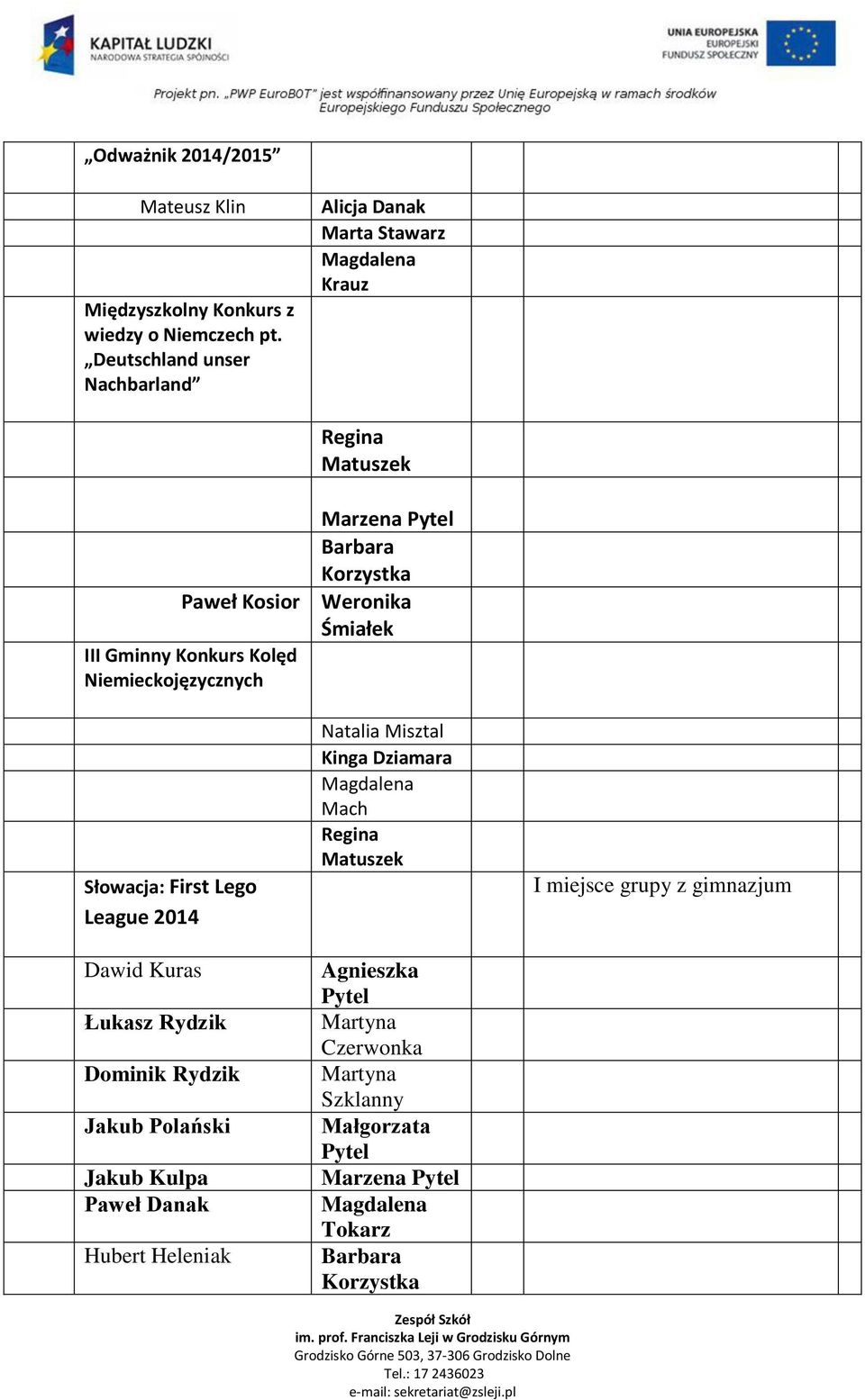 III Gminny Konkurs Kolęd Niemieckojęzycznych Słowacja: First Lego League 2014 Dawid Kuras Łukasz Rydzik Dominik Rydzik Jakub Kulpa
