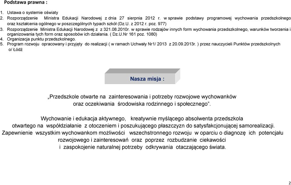 2010r. w sprawie rodzajów innych form wychowania przedszkolnego, warunków tworzenia i organizowania tych form oraz sposobów ich działania. ( Dz.U.Nr 161 poz. 1080) 4.