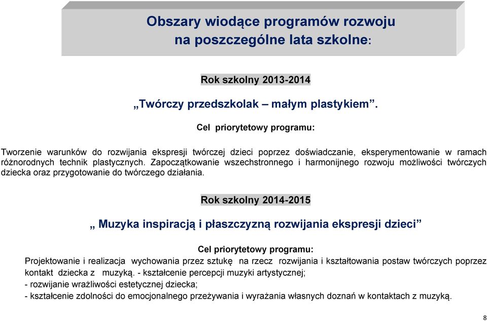 Zapoczątkowanie wszechstronnego i harmonijnego rozwoju możliwości twórczych dziecka oraz przygotowanie do twórczego działania.