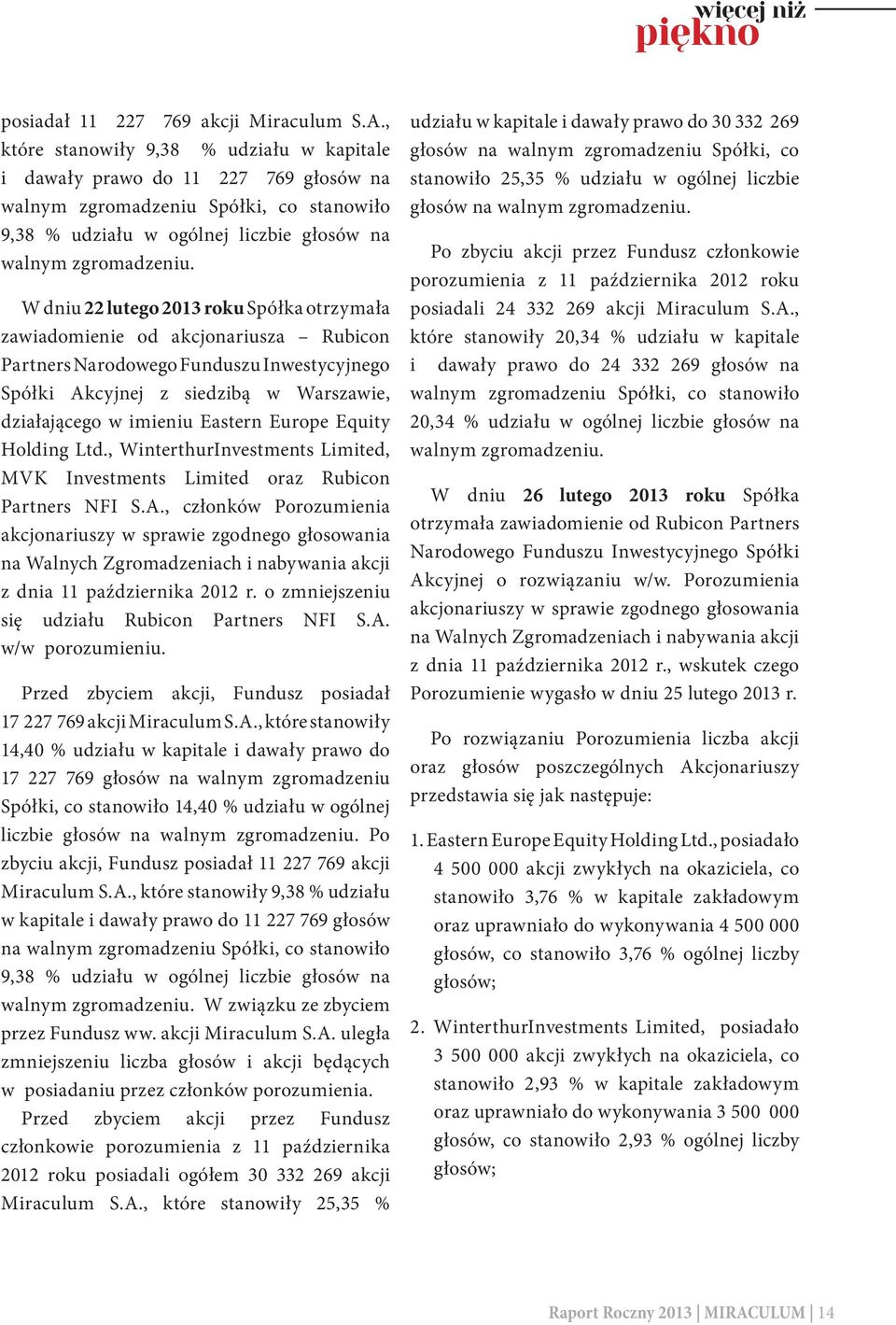 W dniu 22 lutego 2013 roku Spółka otrzymała zawiadomienie od akcjonariusza Rubicon Partners Narodowego Funduszu Inwestycyjnego Spółki Akcyjnej z siedzibą w Warszawie, działającego w imieniu Eastern