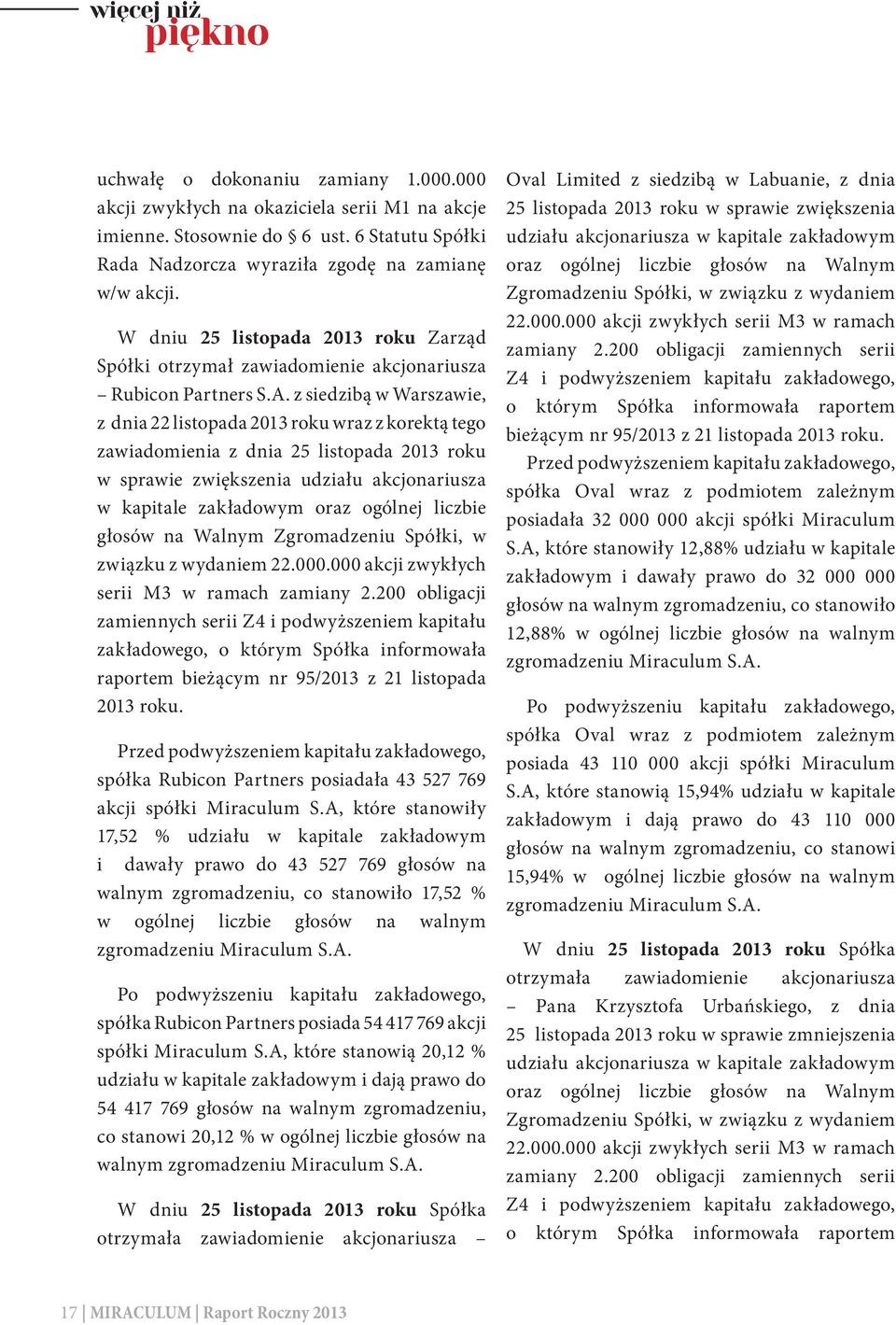 z siedzibą w Warszawie, z dnia 22 listopada 2013 roku wraz z korektą tego zawiadomienia z dnia 25 listopada 2013 roku w sprawie zwiększenia udziału akcjonariusza w kapitale zakładowym oraz ogólnej