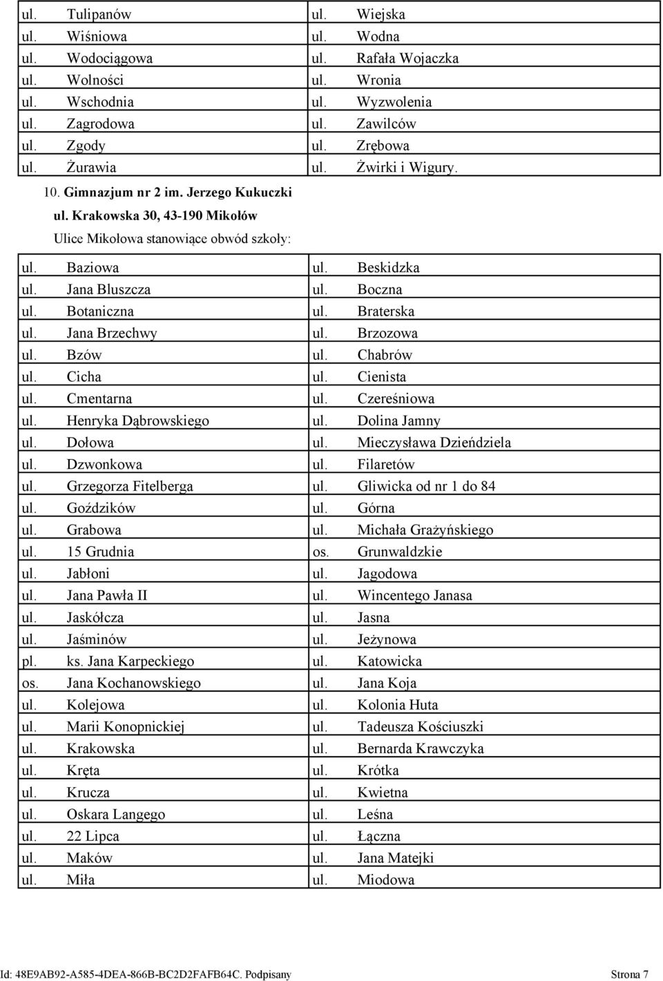 Brzozowa ul. Bzów ul. Chabrów ul. Cicha ul. Cienista ul. Cmentarna ul. Czereśniowa ul. Henryka Dąbrowskiego ul. Dolina Jamny ul. Dołowa ul. Mieczysława Dzieńdziela ul. Dzwonkowa ul. Filaretów ul.