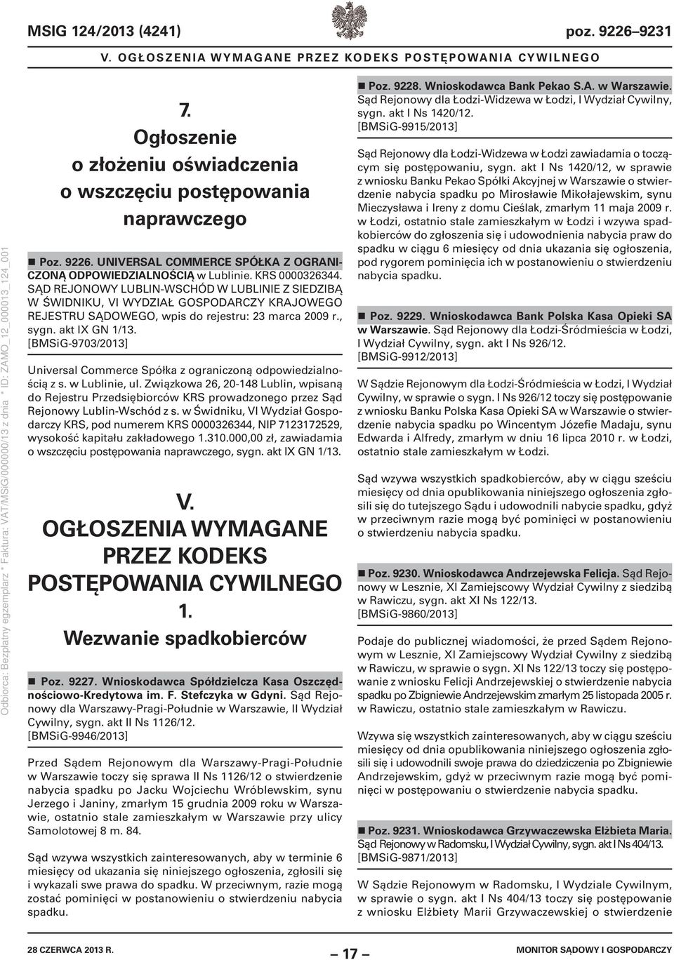 [BMSiG-9703/2013] Universal Commerce Spółka z ograniczoną odpowiedzialnością z s. w Lublinie, ul.