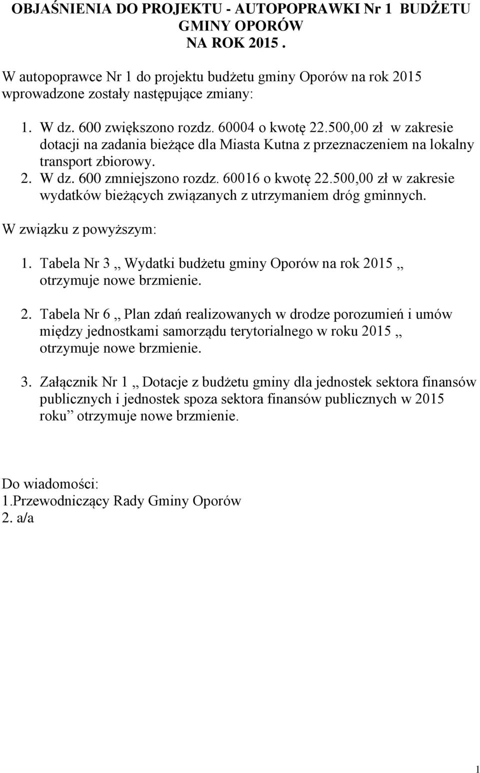 60016 o kwotę 22.500,00 zł w zakresie wydatków bieżących związanych z utrzymaniem dróg gminnych. W związku z powyższym: 1.