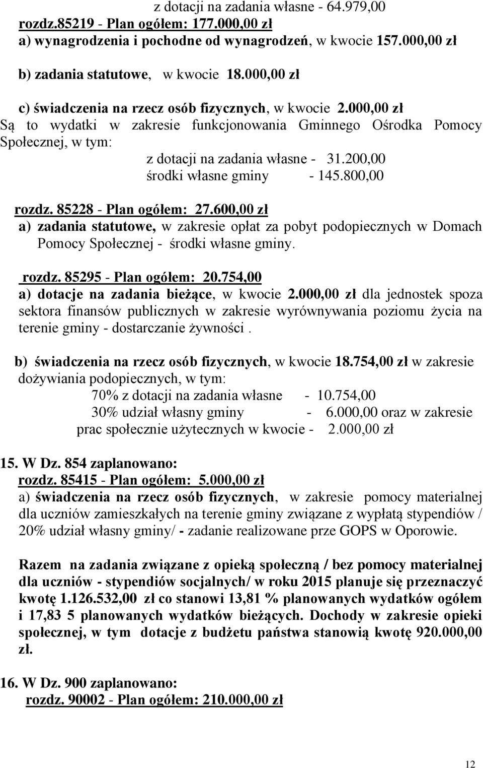 200,00 środki własne gminy - 145.800,00 rozdz. 85228 - Plan ogółem: 27.600,00 zł a) zadania statutowe, w zakresie opłat za pobyt podopiecznych w Domach Pomocy Społecznej - środki własne gminy. rozdz. 85295 - Plan ogółem: 20.