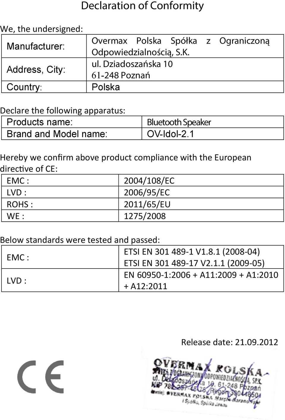 1 Hereby we confirm above product compliance with the European directive of CE: EMC : 2004/108/EC LVD : 2006/95/EC ROHS : 2011/65/EU WE : 1275/2008 Below