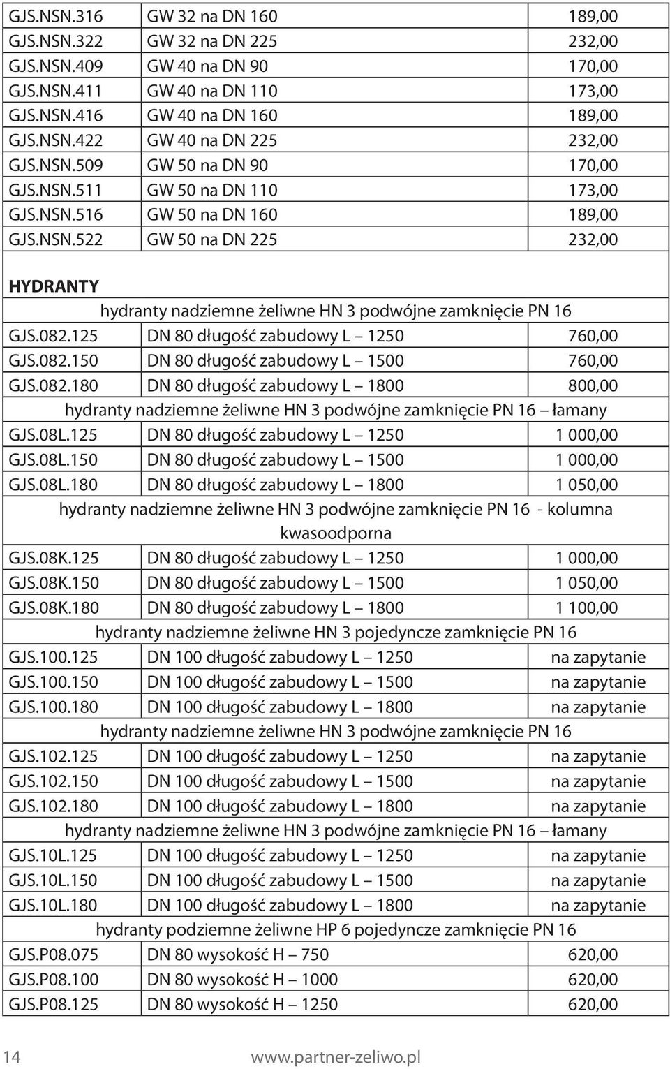 082.125 DN 80 długość zabudowy L 1250 760,00 GJS.082.150 DN 80 długość zabudowy L 1500 760,00 GJS.082.180 DN 80 długość zabudowy L 1800 800,00 hydranty nadziemne żeliwne HN 3 podwójne zamknięcie PN 16 łamany GJS.