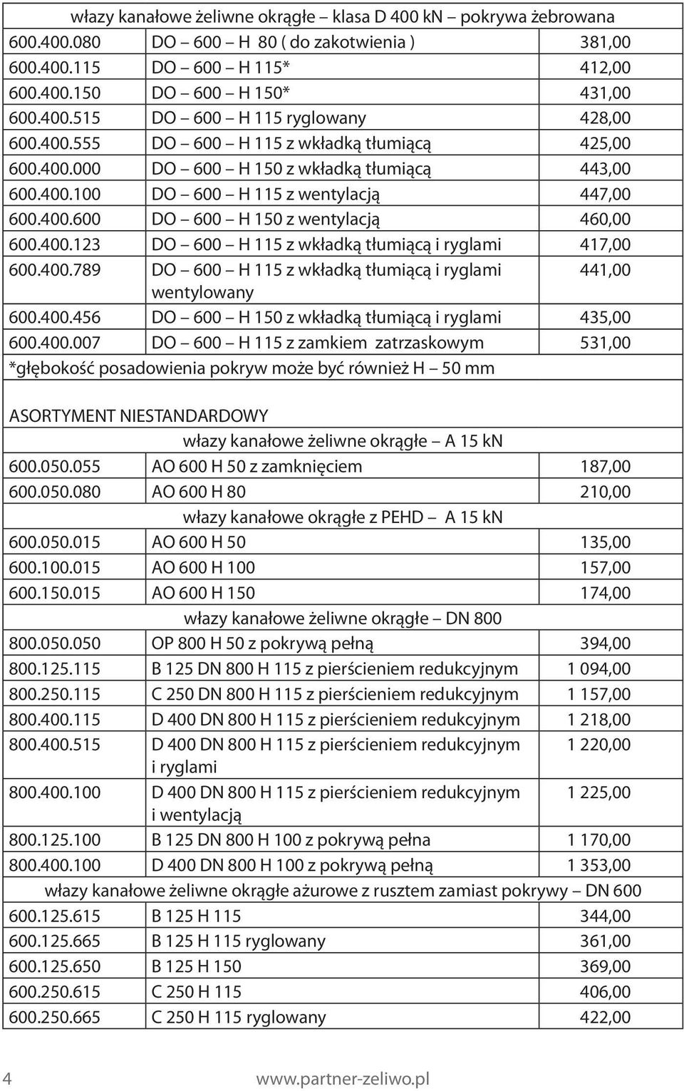 400.789 DO 600 H 115 z wkładką tłumiącą i ryglami 441,00 wentylowany 600.400.456 DO 600 H 150 z wkładką tłumiącą i ryglami 435,00 600.400.007 DO 600 H 115 z zamkiem zatrzaskowym 531,00 *głębokość posadowienia pokryw może być również H 50 mm ASORTYMENT NIESTANDARDOWY włazy kanałowe żeliwne okrągłe A 15 kn 600.