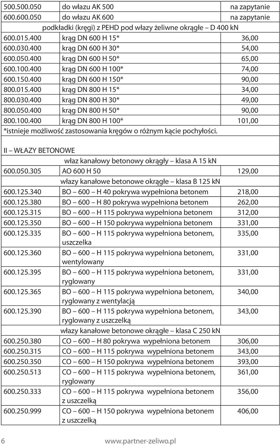 400 krąg DN 800 H 30* 49,00 800.050.400 krąg DN 800 H 50* 90,00 800.100.400 krąg DN 800 H 100* 101,00 *istnieje możliwość zastosowania kręgów o różnym kącie pochyłości.