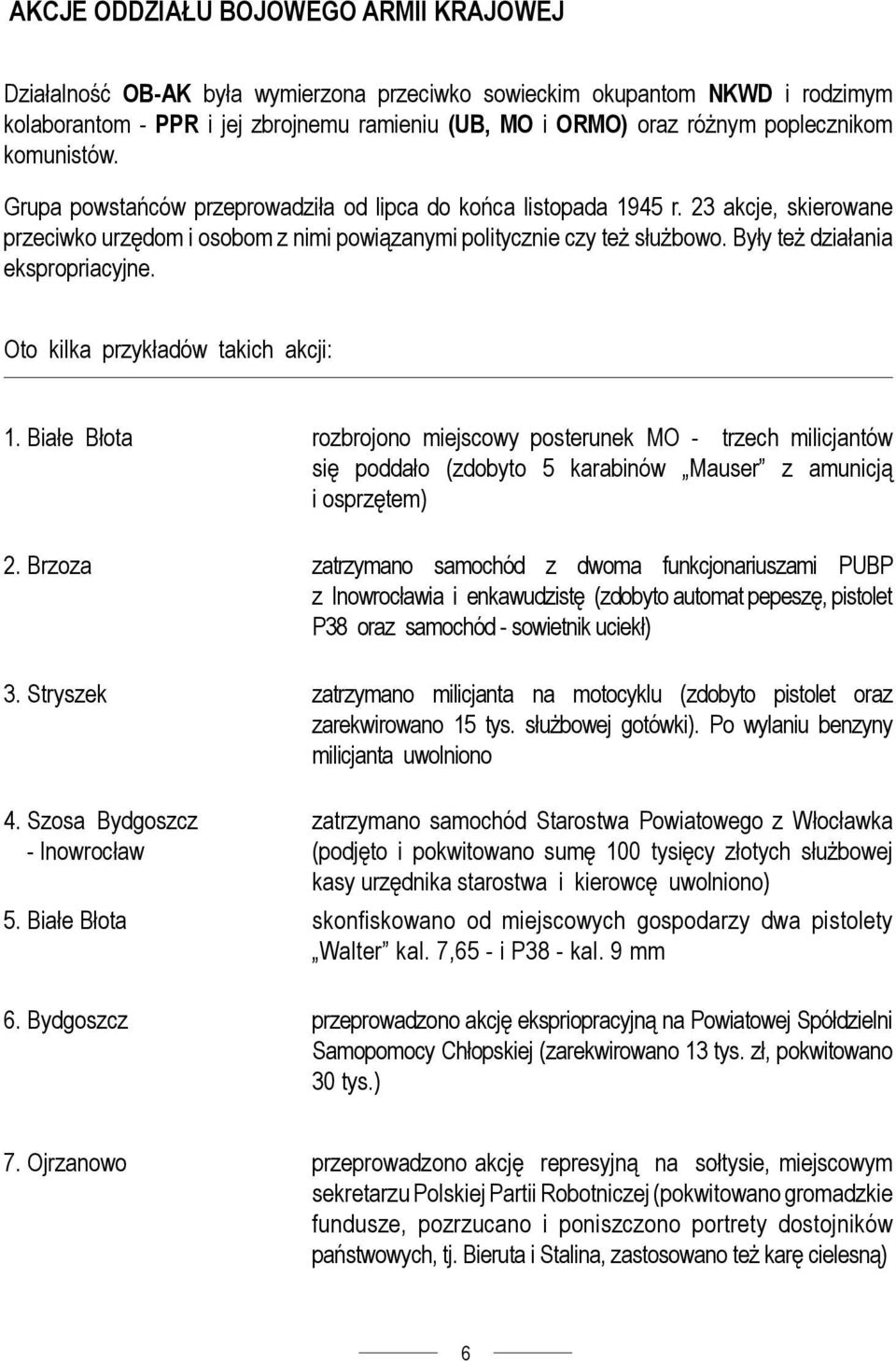 Były też działania ekspropriacyjne. Oto kilka przykładów takich akcji: 1. Białe Błota 2. Brzoza 3. Stryszek 4. Szosa Bydgoszcz - Inowrocław 5. Białe Błota 6.