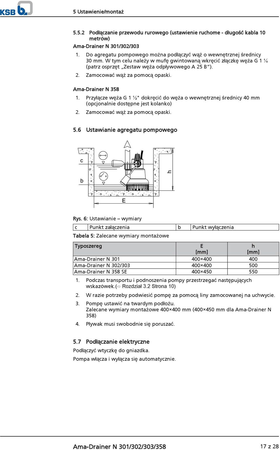 B ). 2. Zamocować wąż za pomocą opaski. Ama-Drainer N 358 1. Przyłącze węża G 1 ½" dokręcić do węża o wewnętrznej średnicy 40 mm (opcjonalnie dostępne jest kolanko) 2. Zamocować wąż za pomocą opaski. 5.