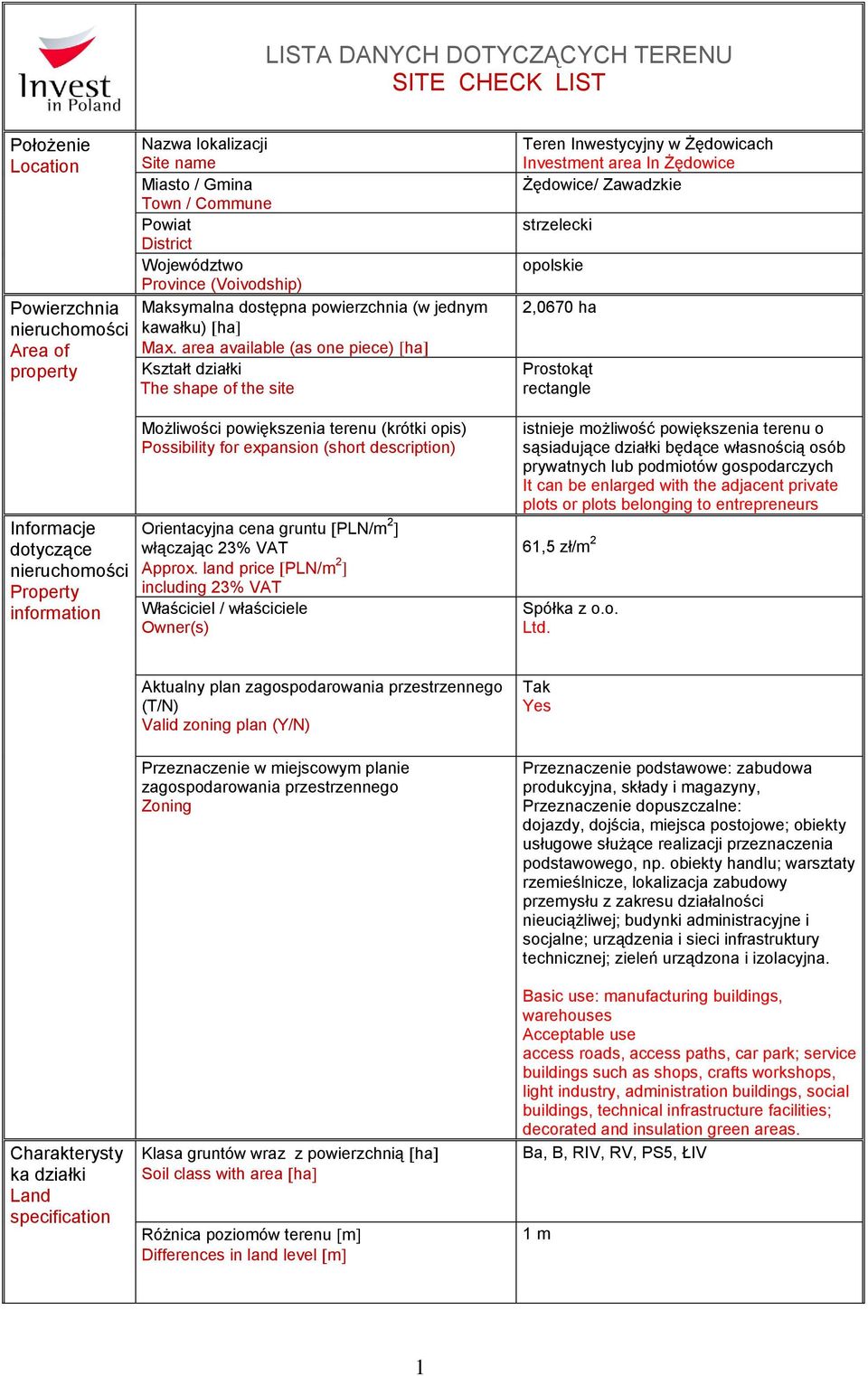 area available (as one piece) ha Kształt działki The shape of the site Możliwości powiększenia terenu (krótki opis) Possibility for expansion (short description) Orientacyjna cena gruntu PLN/m 2