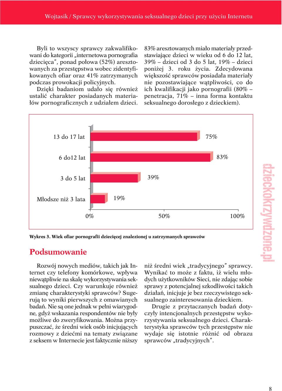 83% aresztowanych miało materiały przedstawiające dzieci w wieku od 6 do 12 lat, 39% dzieci od 3 do 5 lat, 19% dzieci poniżej 3. roku życia.