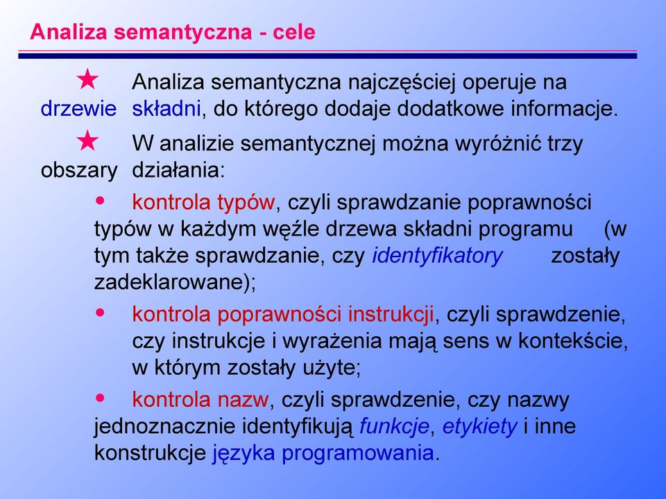 programu (w tym także sprawdzanie, czy identyfikatory zostały zadeklarowane); kontrola poprawności instrukcji, czyli sprawdzenie, czy instrukcje i