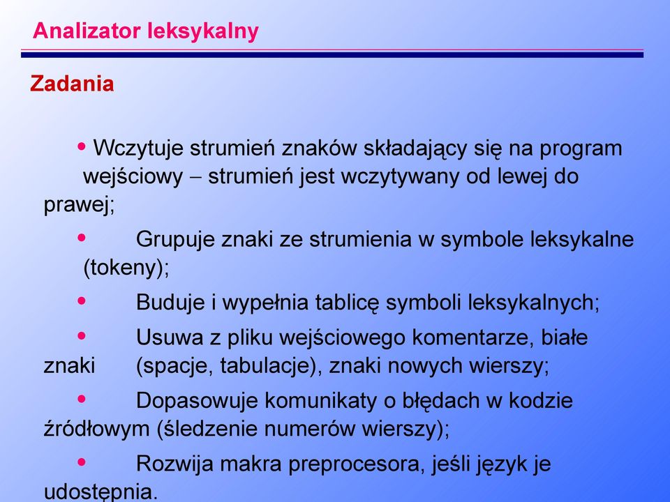 leksykalnych; Usuwa z pliku wejściowego komentarze, białe znaki (spacje, tabulacje), znaki nowych wierszy; Dopasowuje