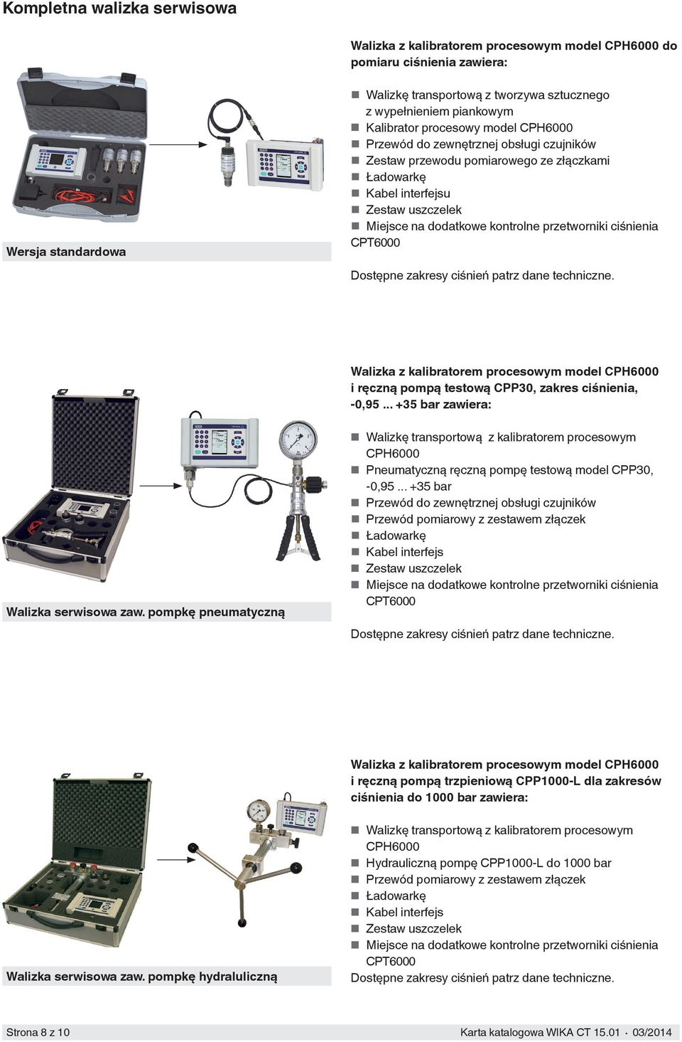 przetworniki ciśnienia CPT6000 Dostępne zakresy ciśnień patrz dane techniczne. Walizka z kalibratorem procesowym model CPH6000 i ręczną pompą testową CPP30, zakres ciśnienia, -0,95.