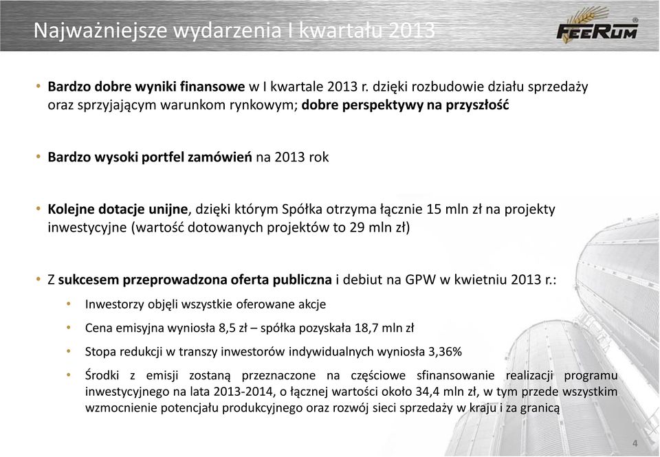 łącznie 15 mln zł na projekty inwestycyjne (wartość dotowanych projektów to 29 mln zł) Z sukcesem przeprowadzona oferta publiczna i debiut na GPW w kwietniu 2013 r.