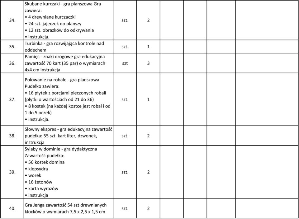 płytek z porcjami pieczonych robali (płytki o wartościach od 21 do 36) 8 kostek (na każdej kostce jest robal i od 1 do 5 oczek) instrukcja. Słowny ekspres - gra edukacyjna zawartość pudełka: 55 szt.