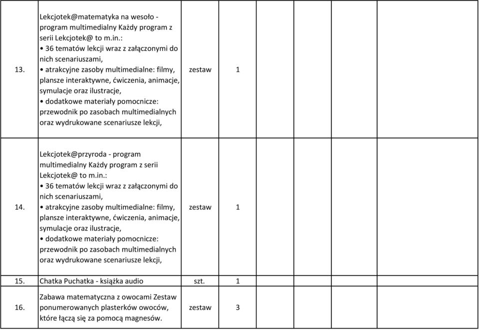 pomocnicze: przewodnik po zasobach multimedialnych oraz wydrukowane scenariusze lekcji, zestaw 1 14. Lekcjotek@przyroda - program multimedialny Każdy program z serii Lekcjotek@ to m.in.