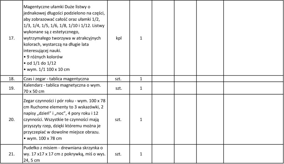 Czas i zegar - tablica magentyczna 19. Kalendarz - tablica magnetyczna o wym. 70 x 50 cm 20. 21. Zegar czynności i pór roku - wym.