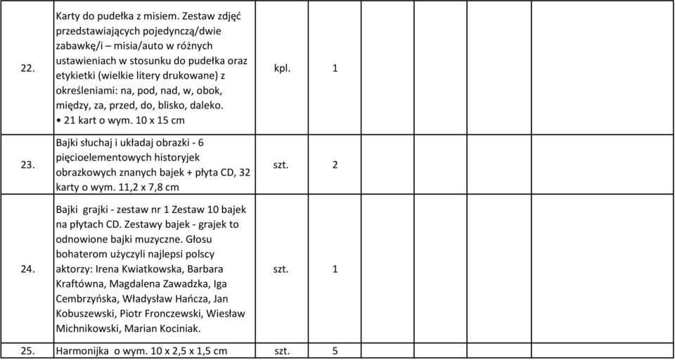 między, za, przed, do, blisko, daleko. 21 kart o wym. 10 x 15 cm Bajki słuchaj i układaj obrazki - 6 pięcioelementowych historyjek obrazkowych znanych bajek + płyta CD, 32 karty o wym.