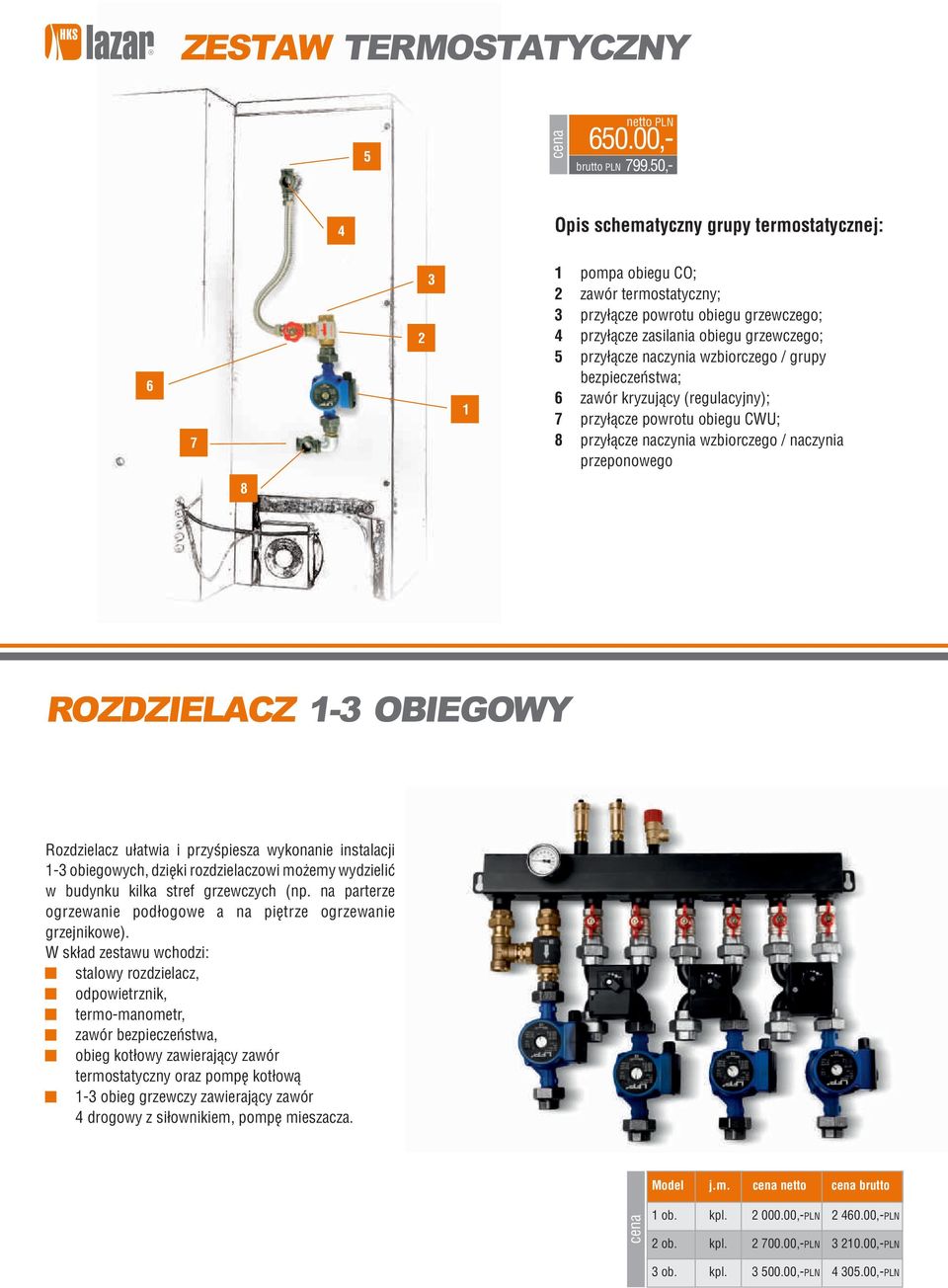 naczynia wzbiorczego / grupy bezpieczeństwa; 6 zawór kryzujący (regulacyjny); 7 przyłącze powrotu obiegu CWU; 8 przyłącze naczynia wzbiorczego / naczynia przeponowego 8 ROZDZIELACZ 1-3 OBIEGOWY