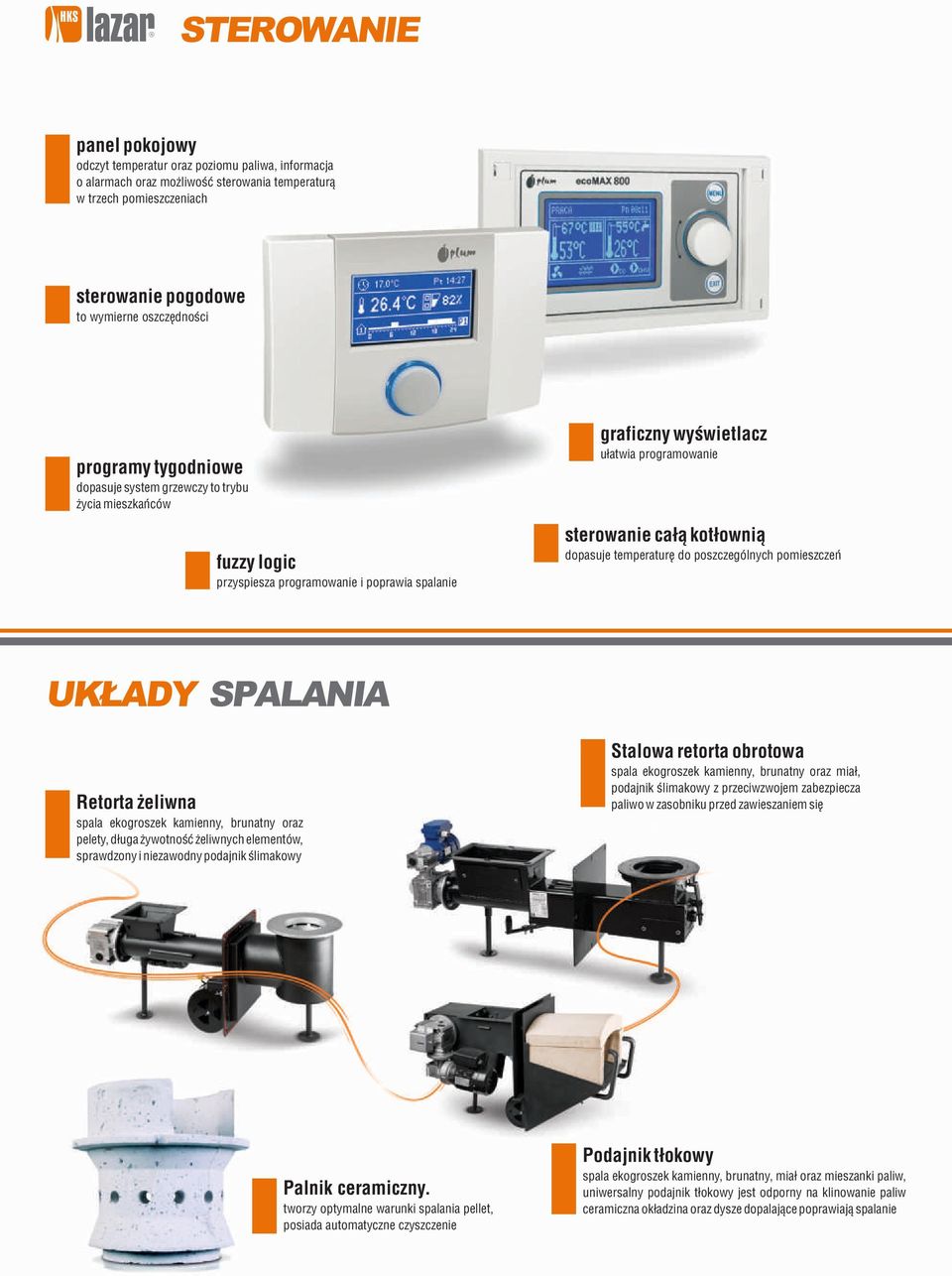 dopasuje temperaturę do poszczególnych pomieszczeń UKŁADY SPALANIA Retorta żeliwna spala ekogroszek kamienny, brunatny oraz pelety, długa żywotność żeliwnych elementów, sprawdzony i niezawodny