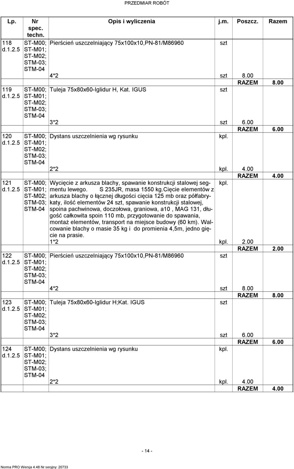 cięcie elementów z arkusza blachy o łącznej długości cięcia 125 mb oraz półfabrykaty, ilość elementów 24, spawanie konstrukcji stalowej, spoina pachwinowa, doczołowa, graniowa, a10, MAG 131, długość