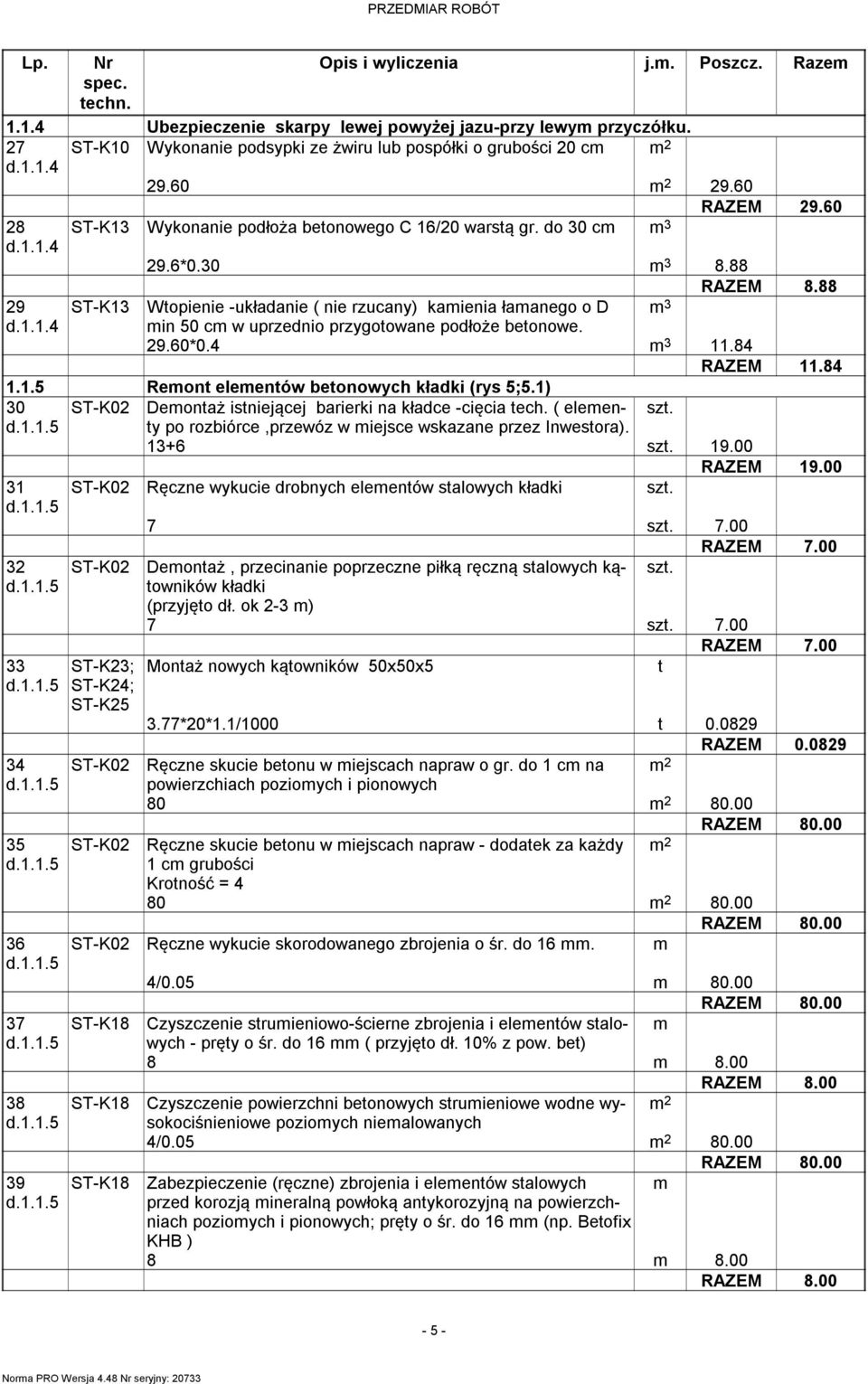 29.60*0.4 m 3 11.84 RAZEM 11.84 1.1.5 Remont elementów betonowych kładki (rys 5;5.1) 30 ST-K02 Demontaż istniejącej barierki na kładce -cięcia tech. ( elementy.