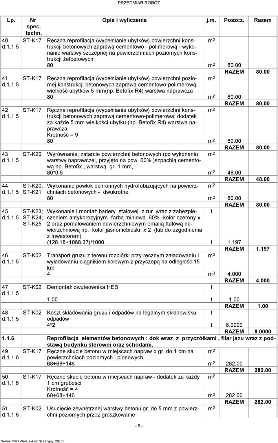 00 Ręczna reprofilacja (wypełnianie ubytków) powierzchni poziomej konstrukcji betonowych zaprawą cementowo-polimerową; wielkość ubytków 5 mm(np. Betofix R4) warstwa naprawcza 80 80.