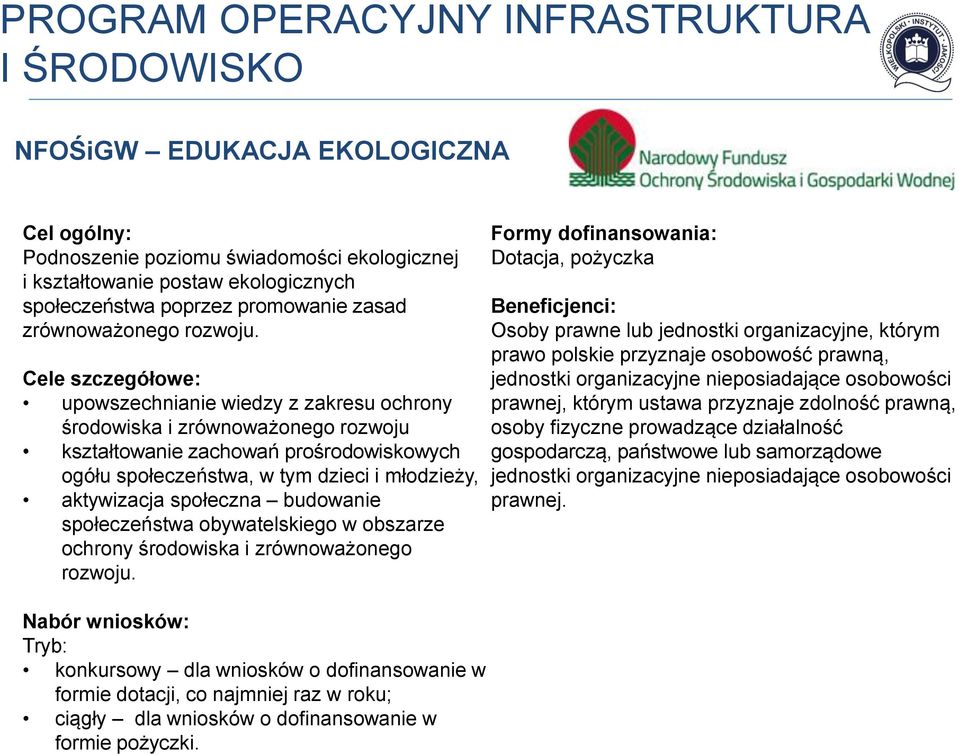 Cele szczegółowe: upowszechnianie wiedzy z zakresu ochrony środowiska i zrównoważonego rozwoju kształtowanie zachowań prośrodowiskowych ogółu społeczeństwa, w tym dzieci i młodzieży, aktywizacja