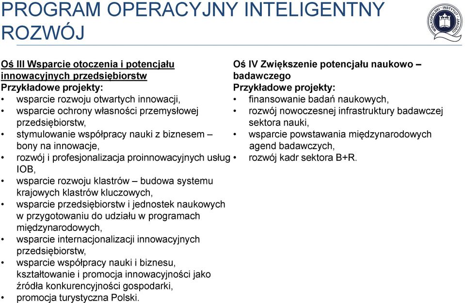 współpracy nauki z biznesem bony na innowacje, wsparcie powstawania międzynarodowych agend badawczych, rozwój i profesjonalizacja proinnowacyjnych usług rozwój kadr sektora B+R.