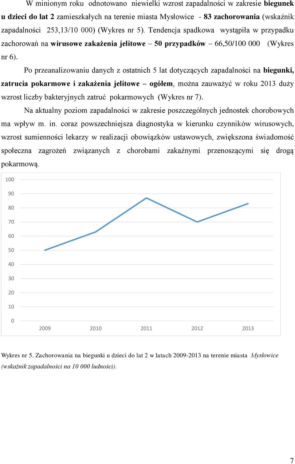 Po przeanalizowaniu danych z ostatnich 5 lat dotyczących zapadalności na biegunki, zatrucia pokarmowe i zakażenia jelitowe ogółem, można zauważyć w roku 213 duży wzrost liczby bakteryjnych zatruć