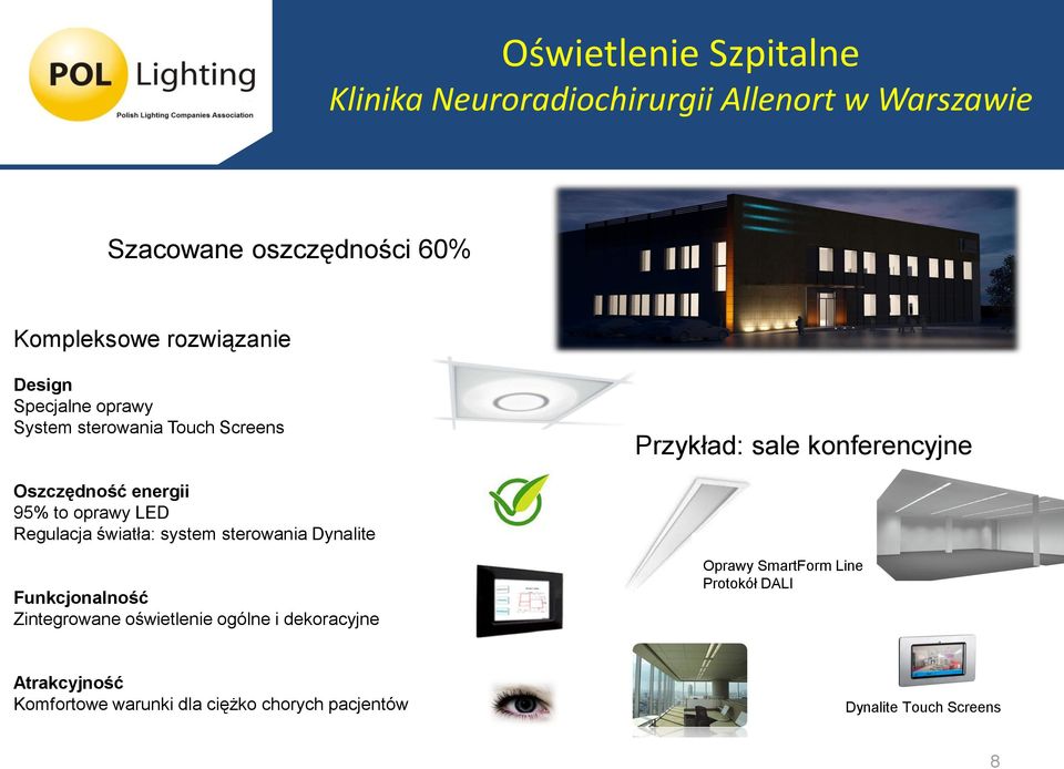 95% to oprawy LED Regulacja światła: system sterowania Dynalite Funkcjonalność Zintegrowane oświetlenie ogólne i