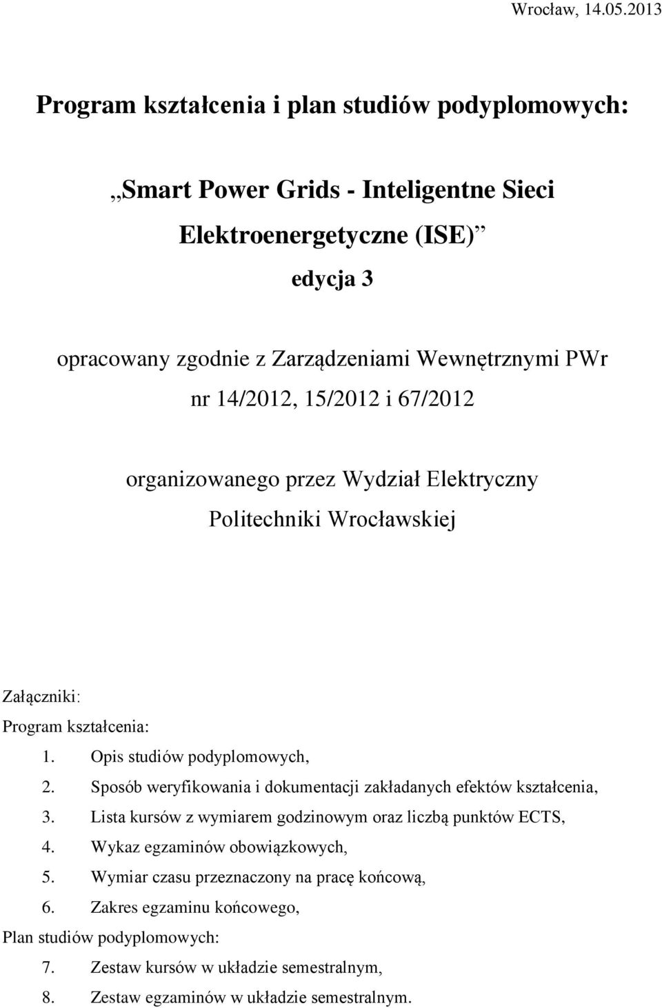 nr 14/2012, 15/2012 i 67/2012 organizowanego przez Wydział Elektryczny Politechniki Wrocławskiej Załączniki: Program kształcenia: 1. Opis studiów, 2.