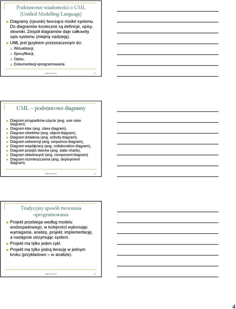 JIMO 2010/2011 10 UML podstawowe diagramy Diagram przypadków użycia (ang. use case diagram), Diagram klas (ang. class diagram), Diagram obiektów (ang. object diagram), Diagram działania (ang.