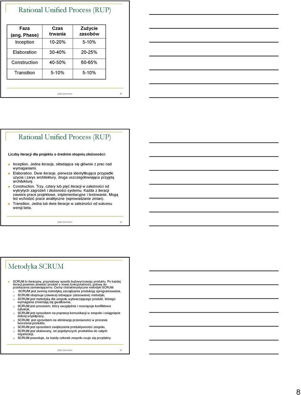 dla projektu o średnim stopniu złożoności: Inception. Jedna iteracja, składająca się głównie z prac nad wymaganiami. Elaboration.