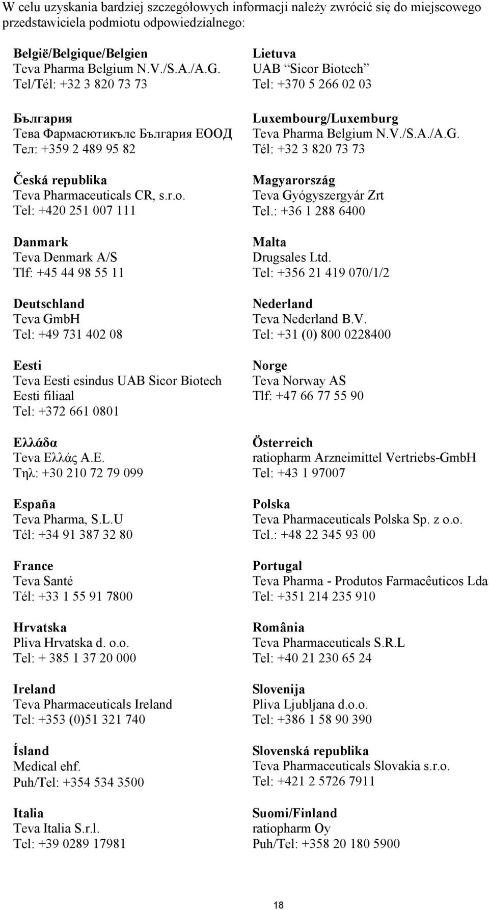 Tel: +420 251 007 111 Danmark Teva Denmark A/S Tlf: +45 44 98 55 11 Deutschland Teva GmbH Tel: +49 731 402 08 Eesti Teva Eesti esindus UAB Sicor Biotech Eesti filiaal Tel: +372 661 0801 Ελλάδα Teva